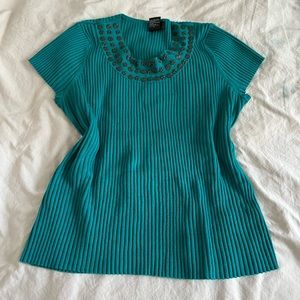 Cute Beaded Necklace Detail Teal Knit Top Size L/XL